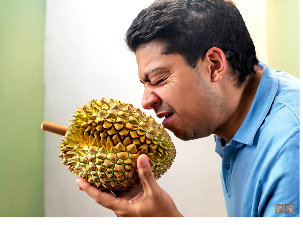 person smelling durian fruit in disgust