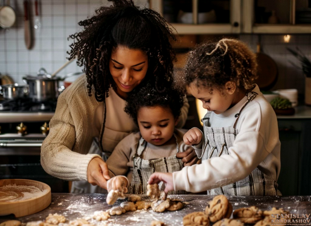 woman making cookies with kids