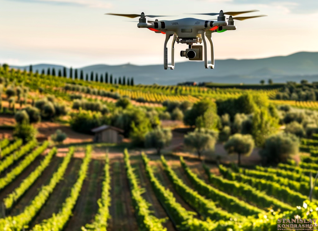 drone flying above vineyard